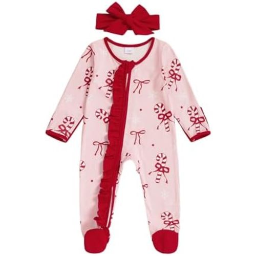My First Christmas Baby Girl Outfit Newborn Bow Footie Jumpsuit Ruffle Zipper Romper Infant Coming Home Xmas Clothes