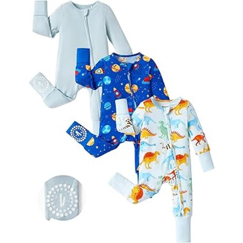 PATPAT Baby Footies Boys Girls - Bamboo Viscose - Zipper & Non-Slip Soles Romper Mitten - Footed & Footless Infant Clothes