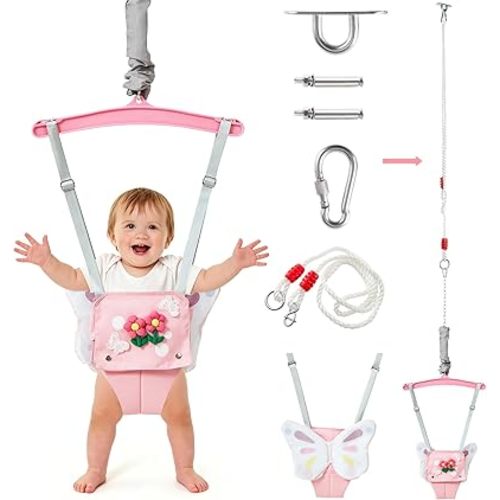 FUNLIO Baby Jumper with a Ceiling Hook for 6-24 Months, Baby Door Jumper for Indoor/Outdoor Play, Jumper Doorway with Adjustable Chain, Easy to Assemble & Store (with a Ceiling Hook) - Pink Butterfly