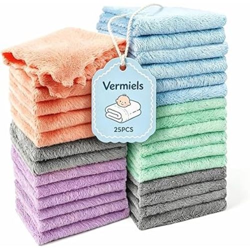25 Pack Baby Washcloths, Microfiber Coral Fleece 7 x 9 Inch Baby Bath Face Towel, Baby Face Skin Wash Cloths Towels Set