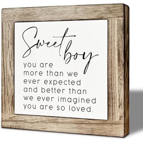 Inspirational Wooden Sign, Nursery Wooden Box Sign, Sweet Boy You are More Than We Ever Expected, Motivational Table Top Decor For Home Nursery School Boy Room Decor 5.9X5.9 Inches
