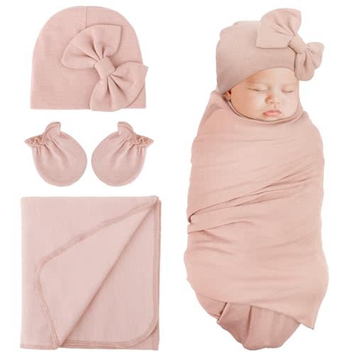 DRESHOW BQUBO Newborn Receiving Blanket Bow Hat Gloves Set Cotton Warm Baby Swaddle Blanket Wrap Baby Sleep Sack Shower Gift