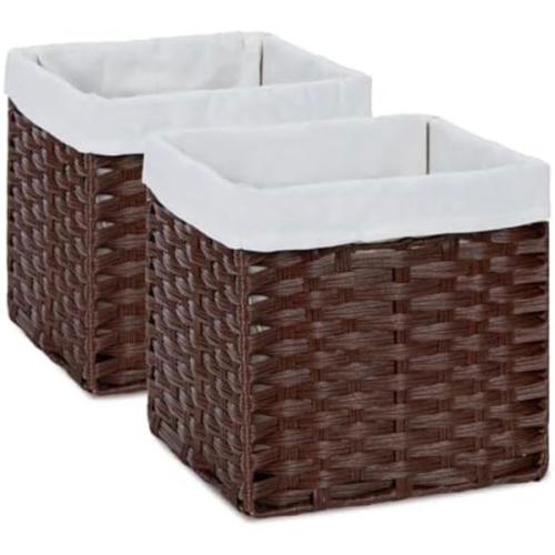 4- Pack Wicker Cube Storage Bins with Liners 11x11 inch Woven Baskets for Organizing 4-Pack Waterproof Imitation Rattan Woven Cube Organizer with Handles for Pantry-Reddish Brown