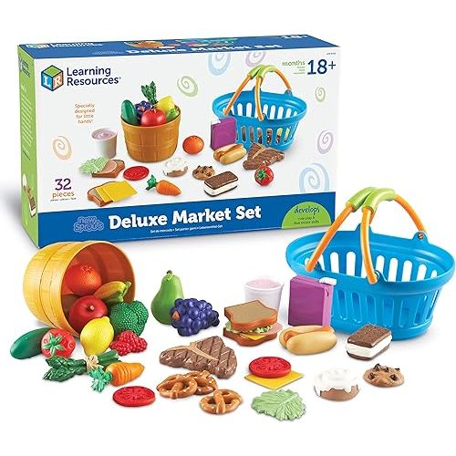 Learning Resources New Sprouts Deluxe Market Set - Pretend Play Kitchen, Fruit Basket, Toddler Outdoor Play Food Toys, Kids Playset, Shopping Basket, Fine Motor Skills, Montessori Sensory Cooking