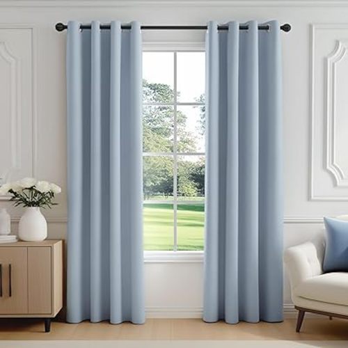 FMFUNCTEX 100% Blackout Curtains for Bedroom, Smoky Blue Curtains 90 Inches Long Textured Thermal Insulated Curtains for Living Room Drapes, Black Out Drapery Grommet Room Darkening 2 Panels