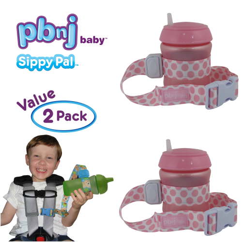 PBnJ Baby SippyPal Sippy Cup Holder Strap Leash Tether (Pink/White Dots 2-Pack)