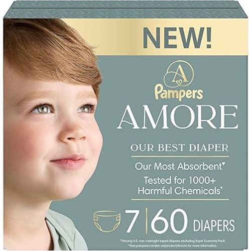 Pampers Amore, Size 7 (26-50 lbs), 60 Count, Our Best Diaper – Hypoallergenic & Fragrance Free, Up to 100% Leakproof, Soft as Cashmere
