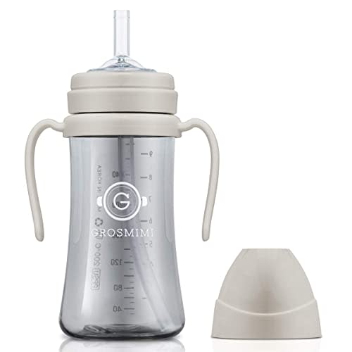 GROSMIMI PPSU Baby Straw Cup Stage 1, 6M+, Spill-Proof, 10oz (Beige) | Babies & Toddlers 6+ Months | Removable Rotating Handles | Silicone Straw | Heat-Resistant | BPA-Free Sippy Cup | 300ml