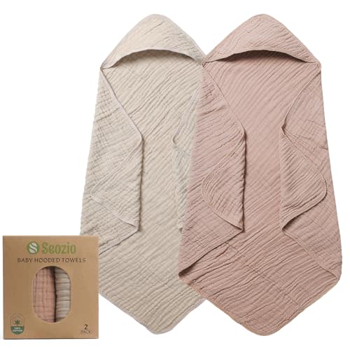 Seozio Muslin Hooded Baby Towels, 2 Pack 100% Cotton 32x32Inch Baby Bath Towel with Hood for Babies, Infant, Toddler, Soft and Absorbent Newborn Essential. (Light Bean Paste)