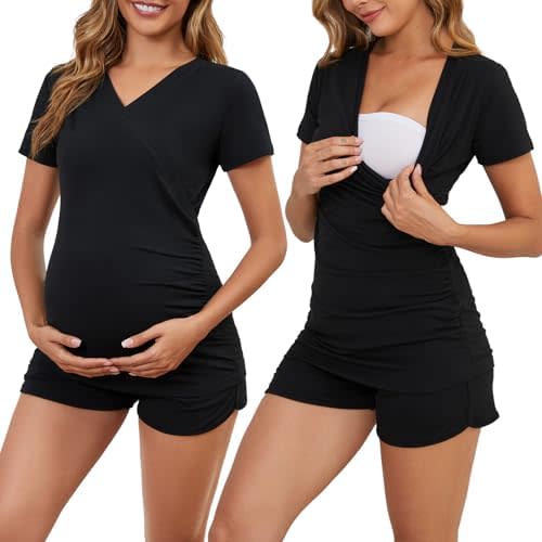 Liu & Qu Maternity Nursing Pajama Set，Short Sleeve Breastfeeding Shirts & Pregnancy Shorts with Pockets 2 Piece Nursing PJS
