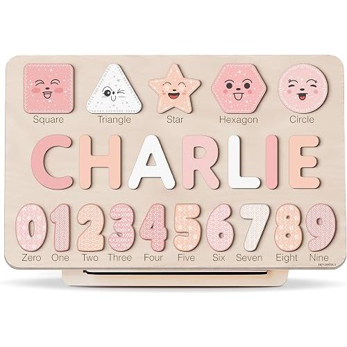 Nevandora Personalized Name Puzzle with Numbers & Shapes for Kids Ages 1-3 | 11 Color Themes | Wooden Montessori Learning Toy, Nursery Decor Keepsake & Great 1st Birthday Gift