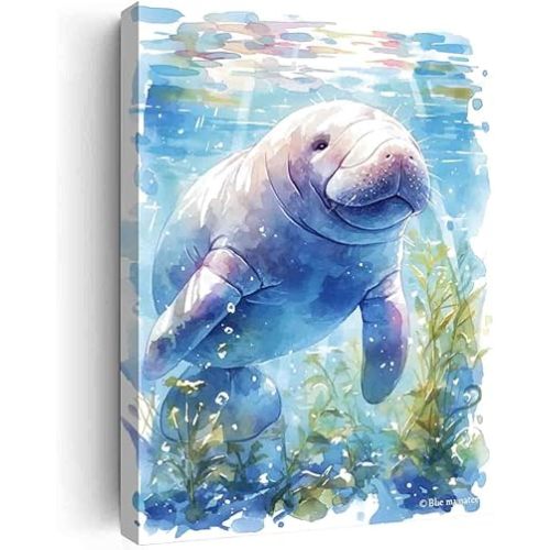 GeRRit Blue manatee watercolor painting print,baby animal nursery wall art,farm bedroom decor for Office Living Room Bedroom Office Wall Decor-12 x16 canvas print with frame