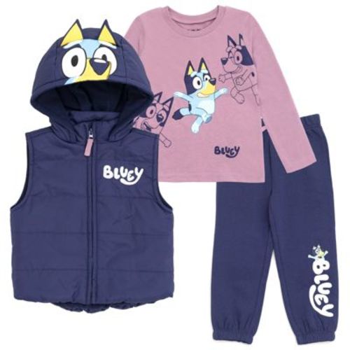 Bluey Zip Up Jacket Vest, T-Shirt and Fleece Jogger Pants 3 Piece Toddler