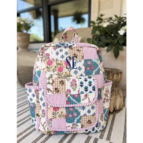 Embroidered Cotton Quilted Backpack, Personalized Floral Backpack, Quilted Girls Print Backpack, Monogram School Bag, Kids Travel