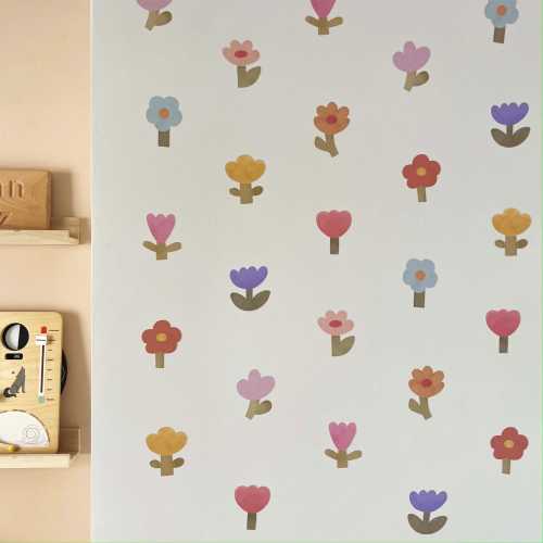 Colourful Flowers (small) wall stickers, removable fabric sticker, flower wall decal, wallpaper effect wall sticker