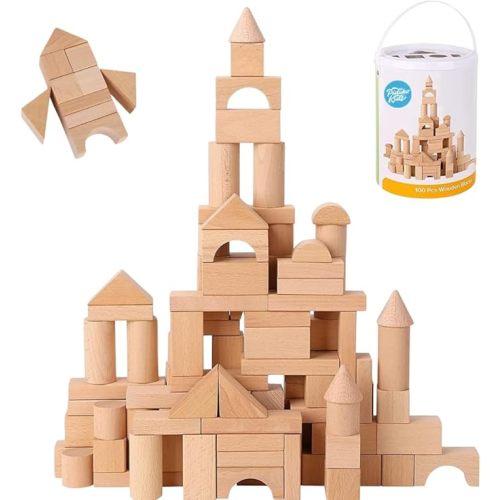 Pidoko Kids Wooden Blocks - 100 Pcs - Building Blocks for Toddlers - Includes Storage Container with Shape Sorter Lid - Natural Beech Wood Blocks - Preschool Learning Toys Stacking Block