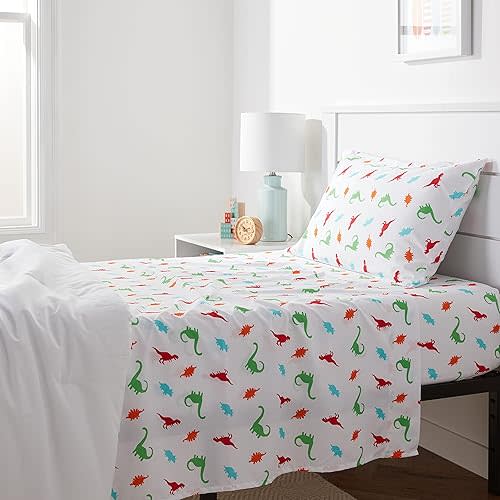 Amazon Basics Kid's Soft Easy-Wash Lightweight Microfiber 3-Piece Sheet Set, Twin, Multi-Color Dinosaurs, Animal Print