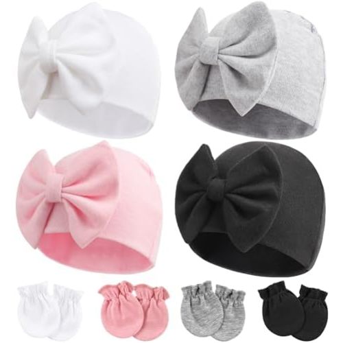 Newborn Baby Hats and Mittens Set Infant Bow Beanie Cap Toddler Gloves Newborn Hospital Hats for Baby Boy Girl 0-6 Months