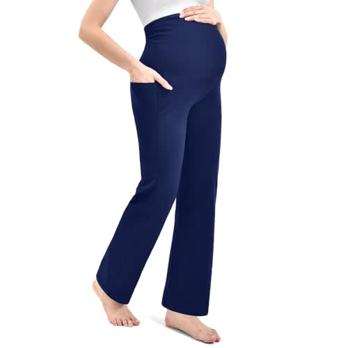 Leafigure Maternity Wide Leg Pants Over Belly with Pockets | High Waist, Deep Side Pockets, Fits All Pregnancy Stages, Suitable for Daily Loungewear & Casual Wear