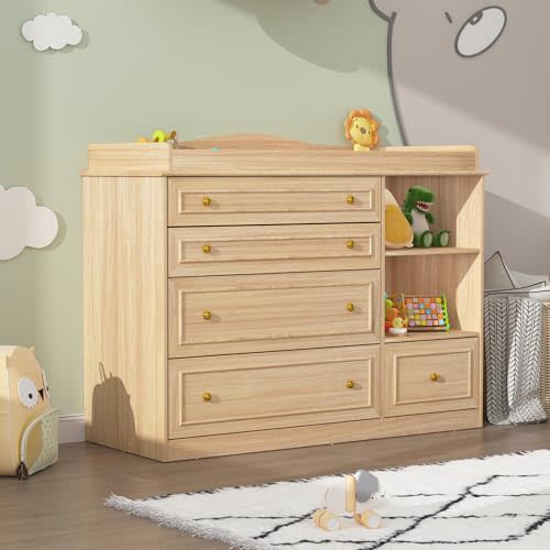 St.Mandyu Wood Changing Table Dresser, Baby Nursery Dresser, Baby Diaper Changing Table, 5 Drawers, Adjustable Shelves, Metal Handle, Curved Wrapping Design, Nature