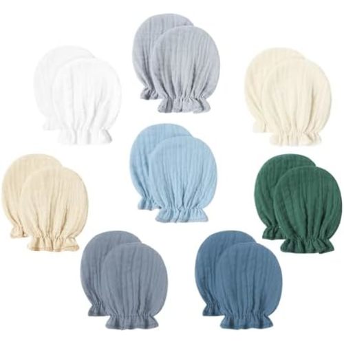 8 Pairs Newborn Baby Muslin Cotton Mittens 0-6 Months No Scratch Elastic Wrist Soft Breathable Gloves