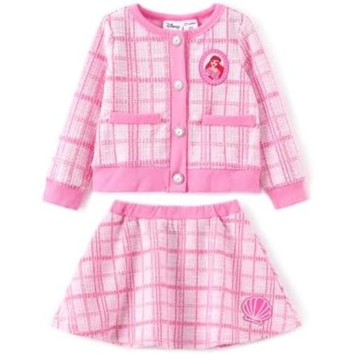 Disney Frozen Elsa Stitch Princess Moana Minnie Toddler Girl 2 Piece Outfit Kid Pearl Button Knit Top & Tweed Skirt Set 2-13Y