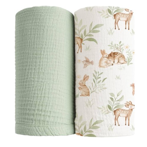 Konssy 2 Pack Muslin Swaddle Blankets, 100% Cotton Receiving Blanket Large 47 x 47 inches for Baby Boys Girls, Soft Breathable Muslin Baby Blanket for Newborn (Woodland,Sage)