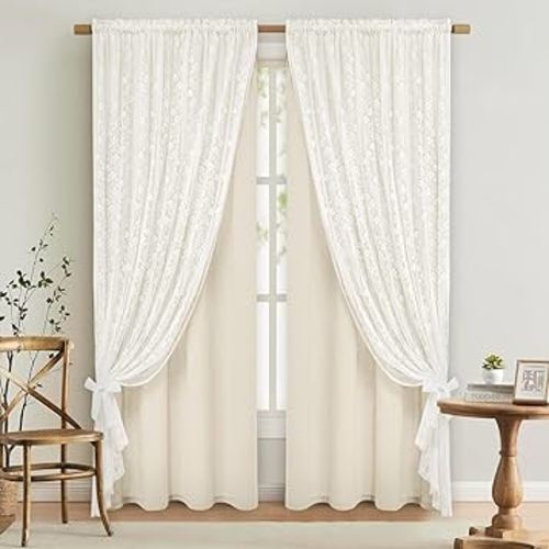 ASPMIZ Linen Curtains for Bedroom, Double Layered Boho Curtain for Living Room Farmhouse Curtain 84 Inch Length 2 Panels Set, Rustic Curtains & Drapes Rod Pocket with Tiebacks, 52 x 84 Inch, Beige