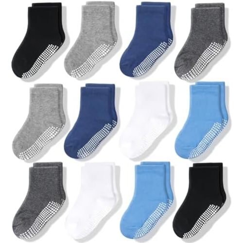 CozyWay Baby & Toddler Socks With Grippers Non Slip Crew Grip Socks for Girls and Boys Soft Comfy Cotton - 12 Pack