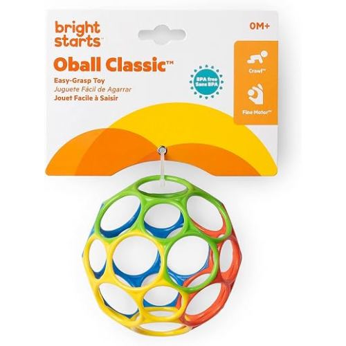 Bright Starts Oball Easy Grasp Classic Ball BPA-Free Infant Toy in Red, Yellow, Green, Blue, Age Newborn and up, 4 Inches
