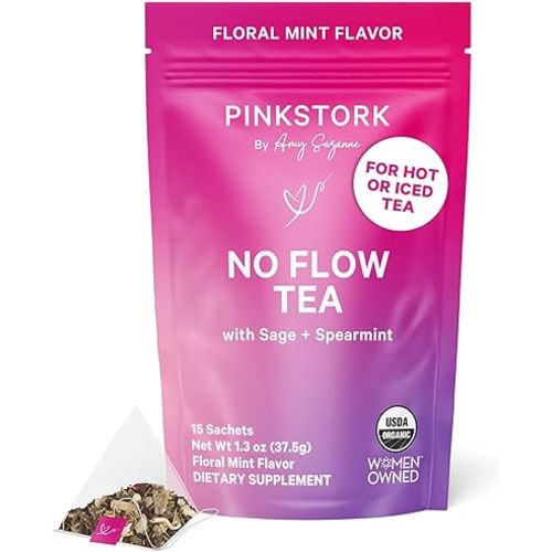 Pink Stork No Flow - Organic Sage Tea to Dry Up Breast Milk Supply and Decrease Milk Production, Stop Breastfeeding, Wean Lactation Naturally, Postpartum Essentials - Hot or Iced - 15 Sachets