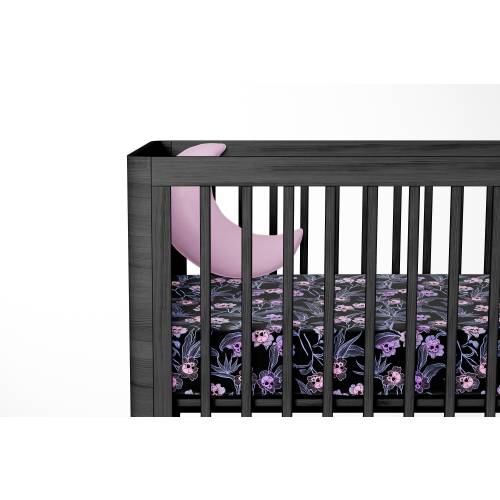 Pastel Goth Crib Sheets, Spooky skull flower infant cot sheets in pink purple & black, a beautiful macabre baby shower gift for gothic mom