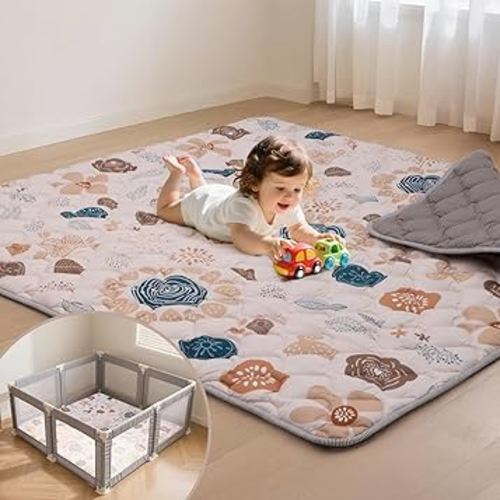 Baby Play Mat for Floor,71x59 Inch Soft Padding Crawling Mat for Playpen, Foldable and Machine Washable, Thick for Babies & Toddlers,Boho Flower
