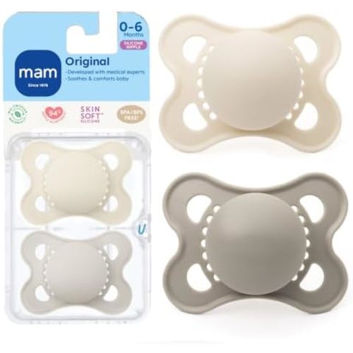 MAM Original Baby Pacifier 0-6 Mths, Skin Soft Silicone Nipple, 2 Pack