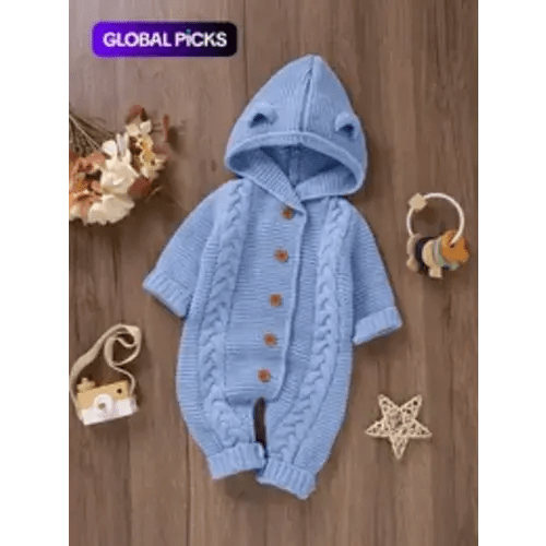 Baby's Solid Cable Knit Button-Front Hooded Sweater Jumpsuit, Cute Cozy Casual Long Sleeve Jumper Onesie Bodysuit for Newborn and Infant, Baby Clothing for Daily Wear Newborn Onesies - TikTok Shop