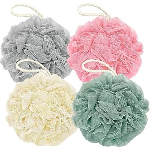 Rnoafmu Shower Loofah Bath Sponge, 60G Loofah Exfoliating Body Scrubber, 4 Color Mesh Shower Pouf Balls for Body Wash (Pink Green White Gray)