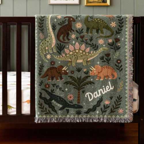 Personalized Dinosaur Blanket - Cute Triceratops Stegosaurus with Name - 100% cotton throw for dino themed room