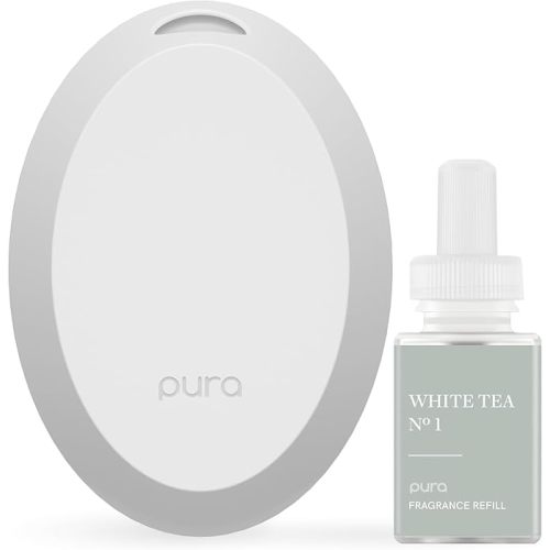 Pura Mini Smart Fragrance Diffuser for Small Spaces Adjustable Smart Home Device with LED Light & Automatic Vial Detection - Includes 1 Scent Refill; White Tea no.1
