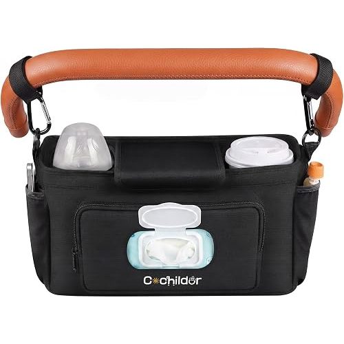Universal Stroller Organizer Caddy with 2-in-1 Wipe Pocket | Wide Cup Holders, Elastic Side Pockets, Shoulder Strap & Secures to Full-size Strollers, Black