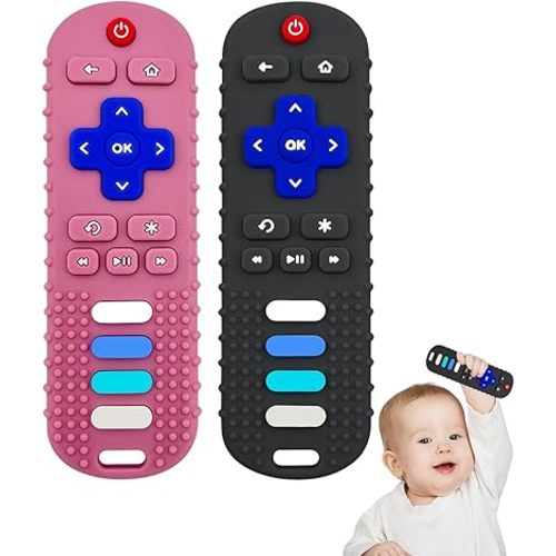 YAPROMO Babay Teething Toys, Silicone Remote Control Teether, BPA Free & Refrigerator Safe (Black&Pink)