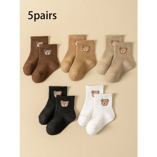5pairs Baby Socks Infant Toddler Mid-Tube Cute Bear Pattern Kids Socks Solid Color Comfortable | SHEIN USA