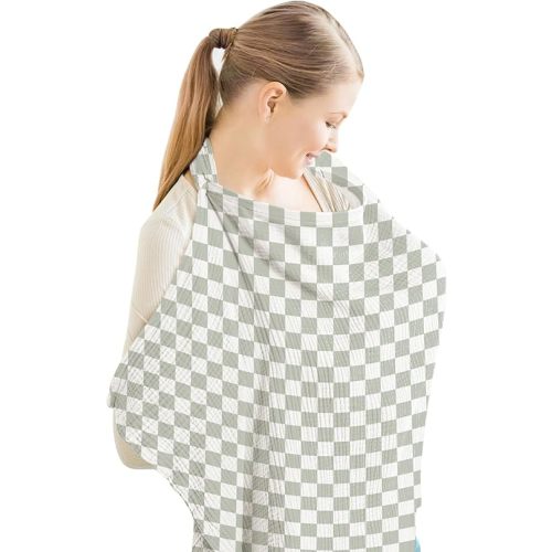 Konssy Muslin Nursing Cover for Baby Breastfeeding, Breathable 100% Cotton Breastfeeding Cover with Rigid Hoop for Mother Nursing Apron, Multi-use Carseat Canopy (Green Plaid)