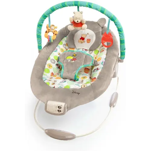 Bright Starts Disney Baby Winnie The Pooh Baby Bouncer Soothing Vibrations Deluxe Infant Seat - Faux Suede, Music, Removable -Toy Bar, 0-6 Months 6-20 lbs (Dots & Hunny Pots)