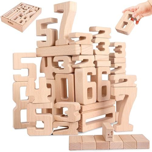 Wooden Number Building Blocks, Large Digit Blocks 1-10, 32 Pcs Math Blocks Number Toys for Kids, Educational Blocks for Toddlers, Toys to Learn Numbers for 3 Year Olds +
