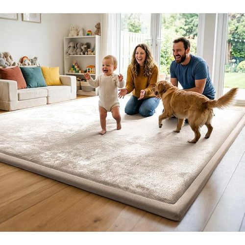 AEOCOO Baby Play Mat for Floor Cushion, 1.3" Thick Memory Foam Extra Large Tummy Time Mat, Soft Velvet Non Slip, Toddler Baby Kids Nursery Rug for Crawling, Living Room, Tatami Style, Beige