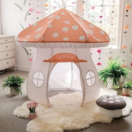MindWare Mushroom Playhouse Tent – Kids Indoor Tent, Reading Corner, Kids Playroom or Classroom Furniture – Gnomes and Fairy Toddler Playhouse & Sleepover Tent - Over 5 Feet Tall – Ages 3+