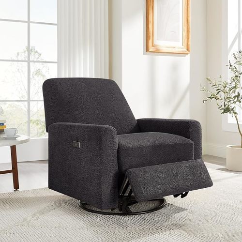 VANOMi Power Swivel Glider Recliner Chair, Electric Nursery Rocker Recliner Chair, USB & Type-C Charger, Charcoal Gray Boucle
