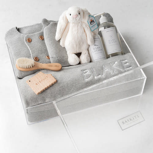 Blanket, Hat: Embroidered Bundle Baby Gift Set | Soft Cotton Knit Blanket, Sweater, Wooden Teether & Bunny Plush