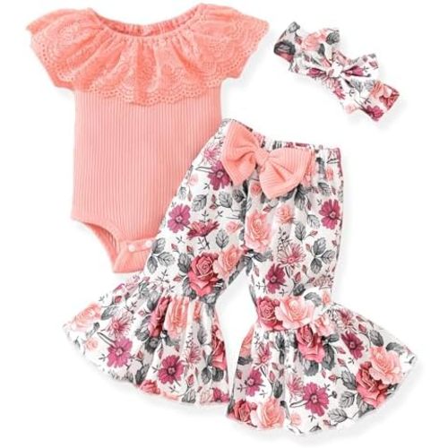 HINTINA Newborn Baby Girl Short Sleeve Bodysuit Flared Pants Ribbed Outfits