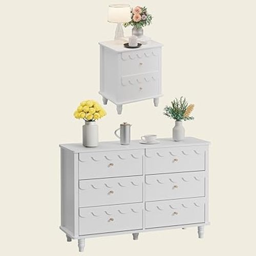 Anbuy White Bedroom Set 2 PCS 6 Drawer Dresser and Night Stand Sets for Bedroom, Two Drawers Nightstand & Scalloped 6 Drawer Dresser Combo 2 Pieces (White)